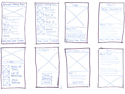 Hollywood Walking Tour App sketches of screens